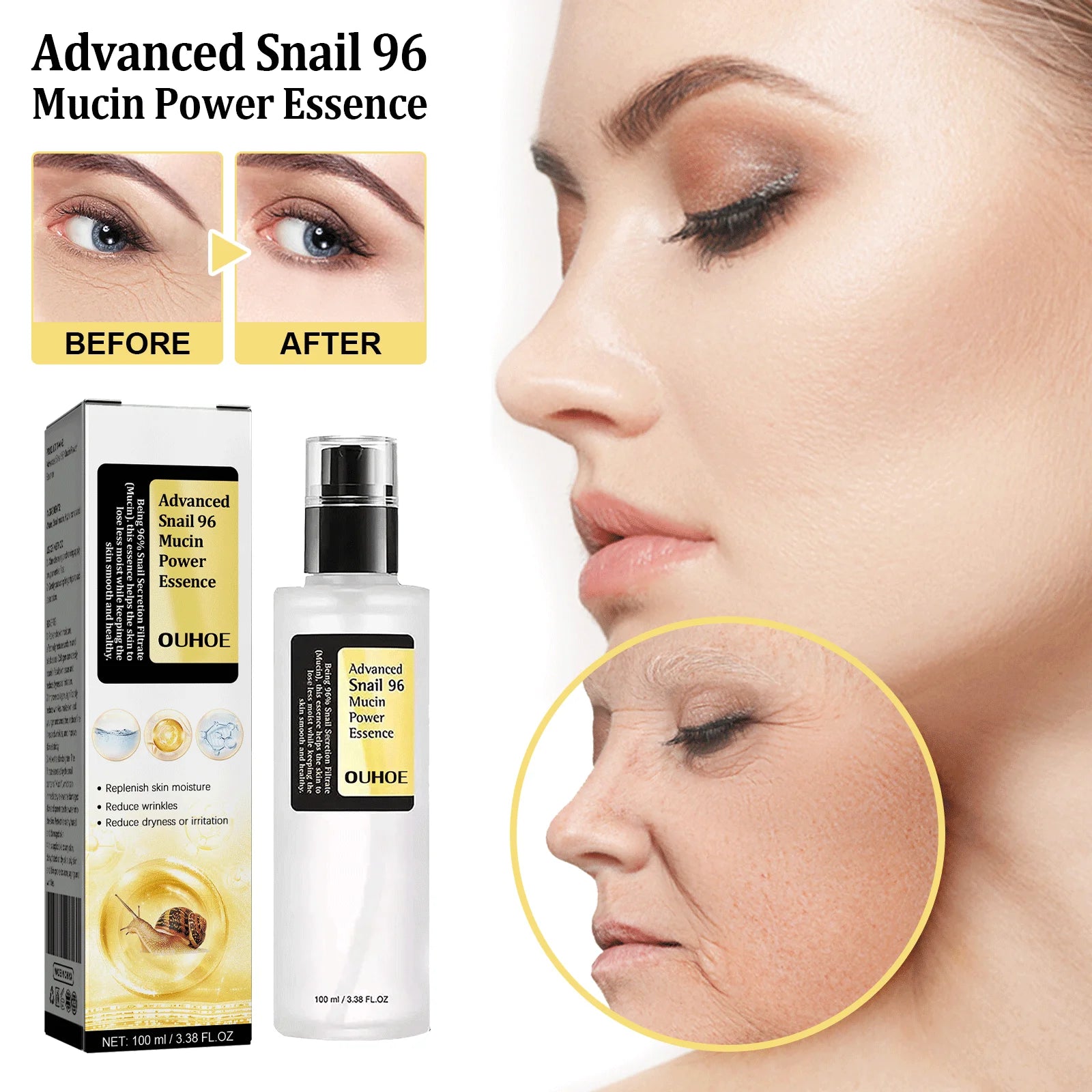 OUHOE Advanced Skincare Anti Aging 96% Snail Mucus Skin Care Essence Solution Facial Whitening Repair Serum For Sensitive Skin