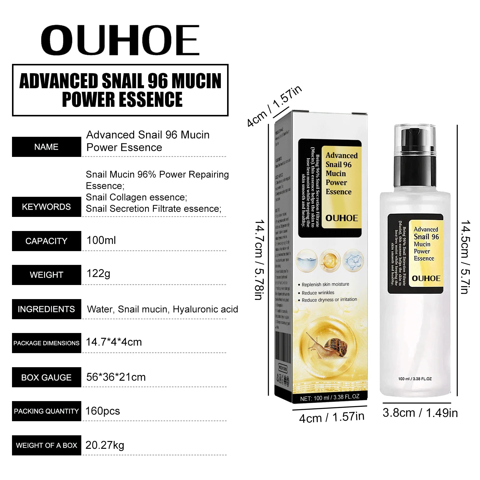 OUHOE Advanced Skincare Anti Aging 96% Snail Mucus Skin Care Essence Solution Facial Whitening Repair Serum For Sensitive Skin