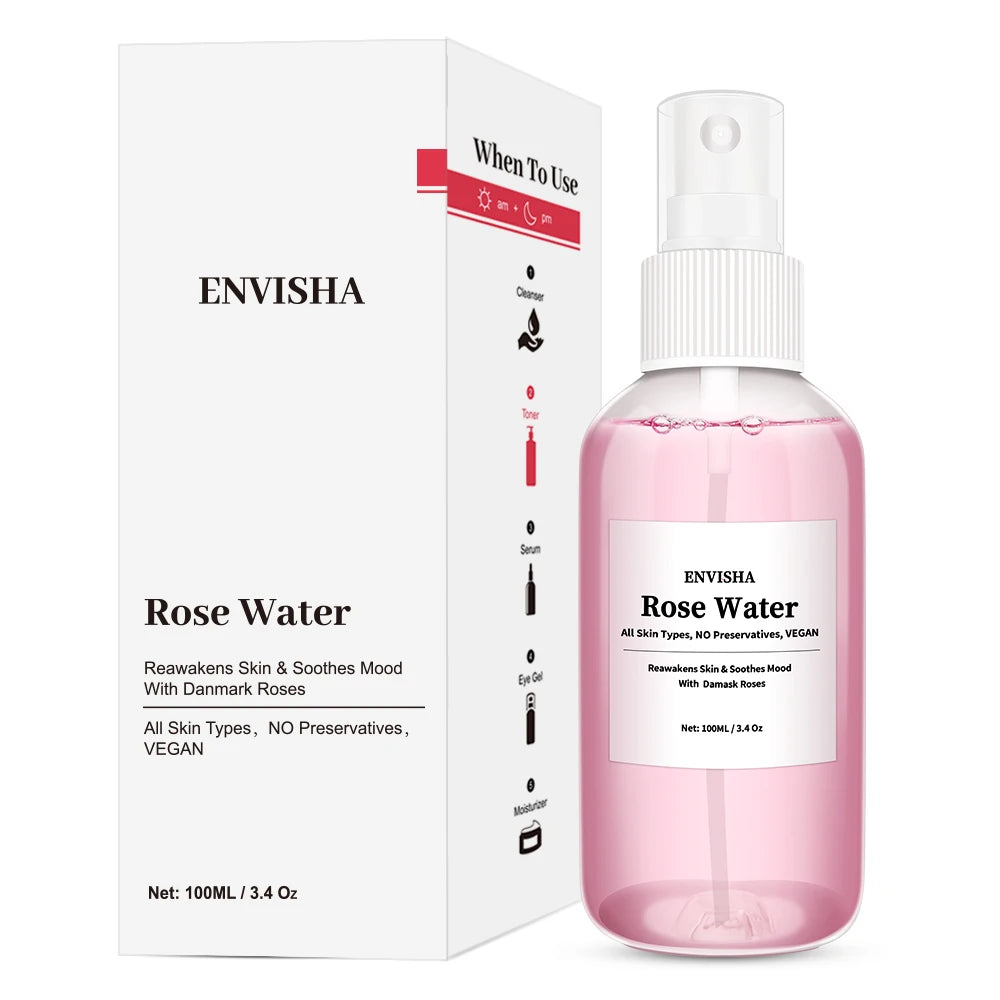 ENVISHA Rose Water For Face Facial Toner Organic Rose Petals Essence Moisturizing Serum Refresh Elastic Shrink Pores Skin Care