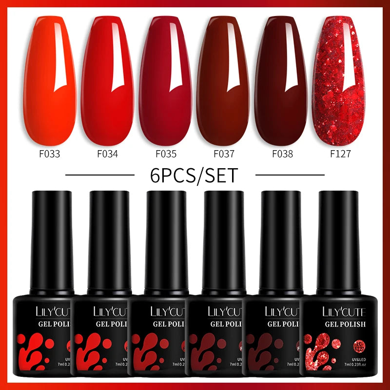 LILYCUTE 6Pcs/set 7ml Autumn Red Brown Gel Nail Polish Kit 125 Colors Manicure Semi Permanent Soak Off UV Nail Art Gel Varnish