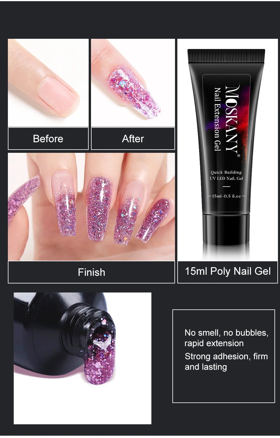 Nail Polish Set With Extend Poly nail Gel Semi-permanent varnish and UV LED Lamp and Stainless Steel Nails Tool Kits