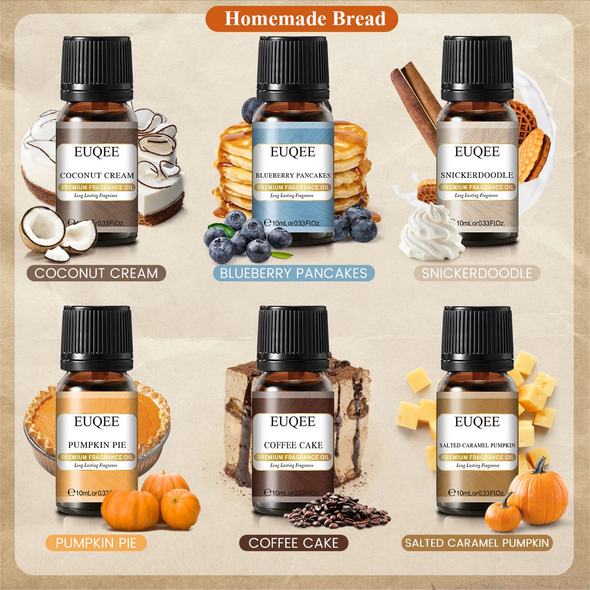 EUQEE 6PCS Fragrance Oil Gift Set For Diffuser Coffee Shop Bakery Harvest Spice Pumpkin Pie Sweet Fruit Aroma Essential Oils