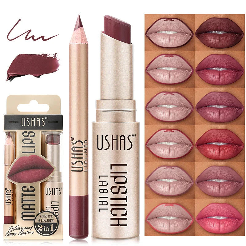 USHAS 12 Color Lip Liner + LIPSTICK Set Easy Coloring Matte Lipstick Long lasting nude red lipstick