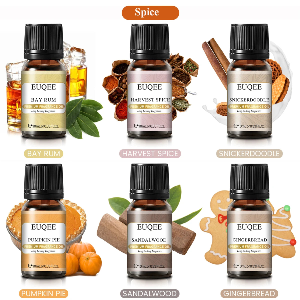 EUQEE 6PCS Fragrance Oil Gift Set For Diffuser Coffee Shop Bakery Harvest Spice Pumpkin Pie Sweet Fruit Aroma Essential Oils