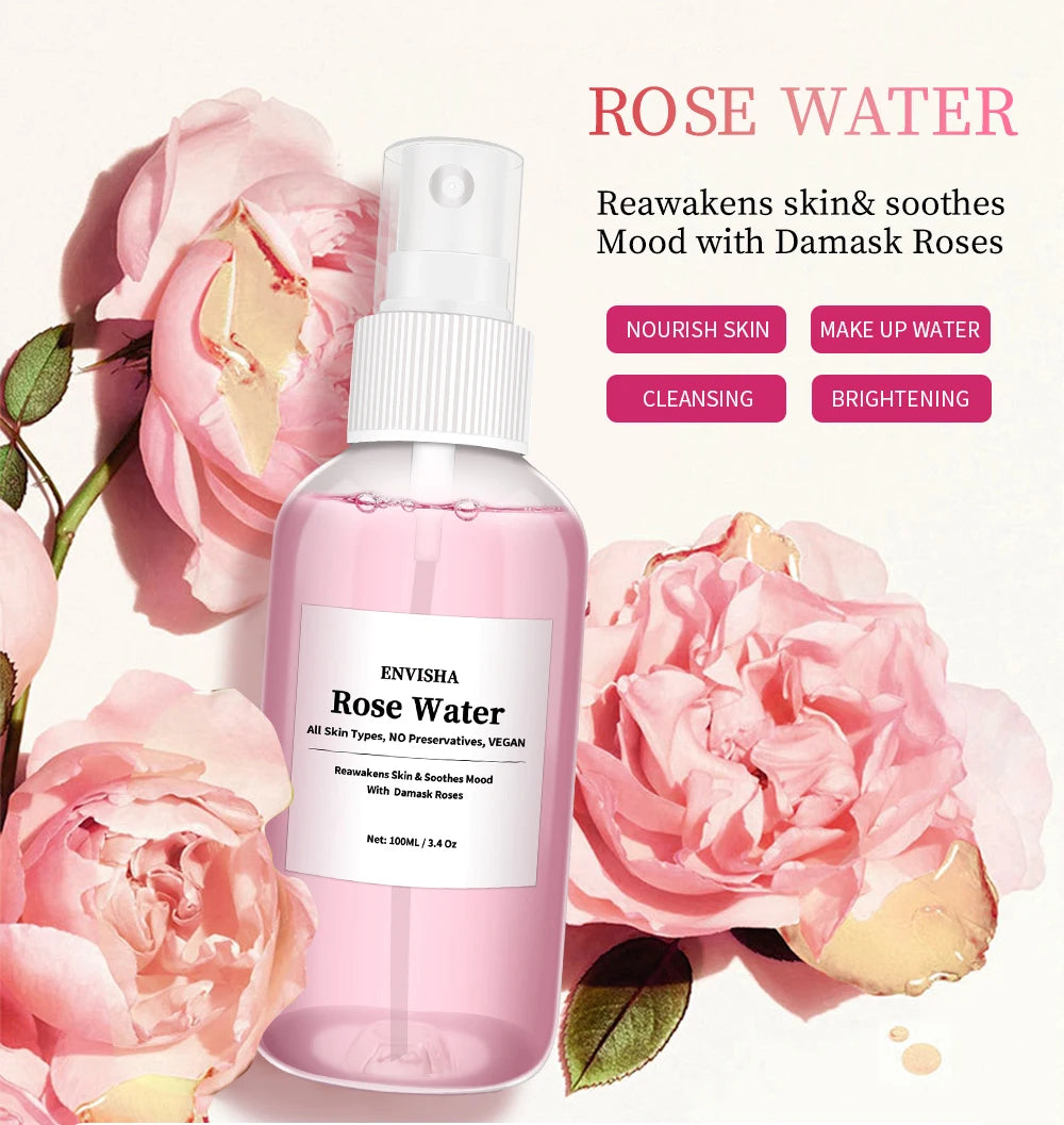 ENVISHA Rose Water For Face Facial Toner Organic Rose Petals Essence Moisturizing Serum Refresh Elastic Shrink Pores Skin Care