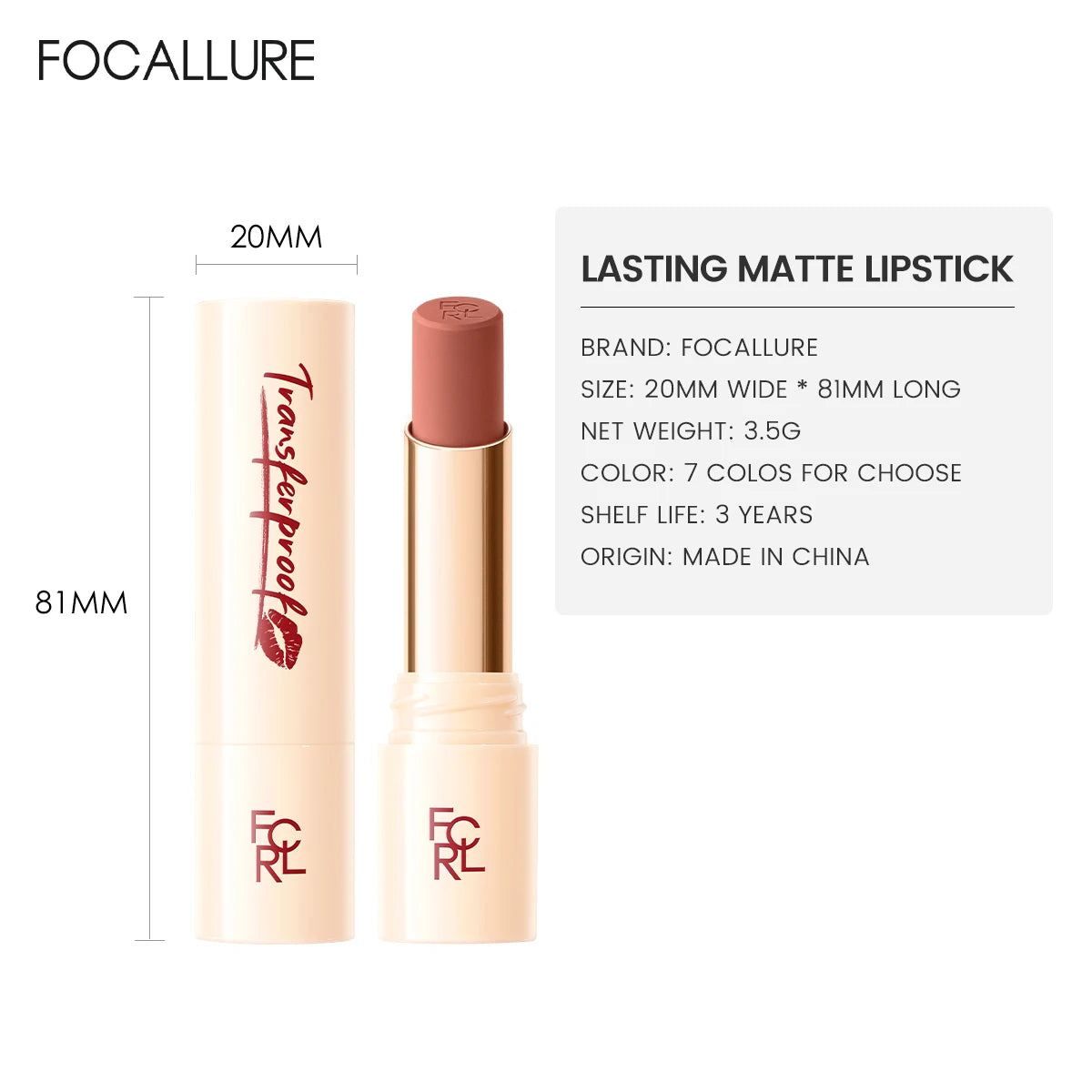 FOCALLURE Lightweight Matte Lipstick Waterproof Transferproof Lip Balm High Pigmented Moisturizing Lip Tints Makeup Cosmetics