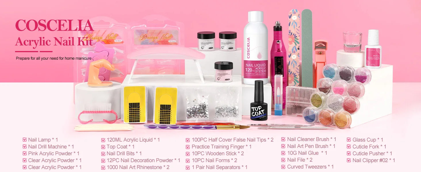 COSCELIA MAnicure Acrylic Nail Kit with Nail Drill and U V Light for Beginners Professional Acrylic Powder Glitter Powder Set